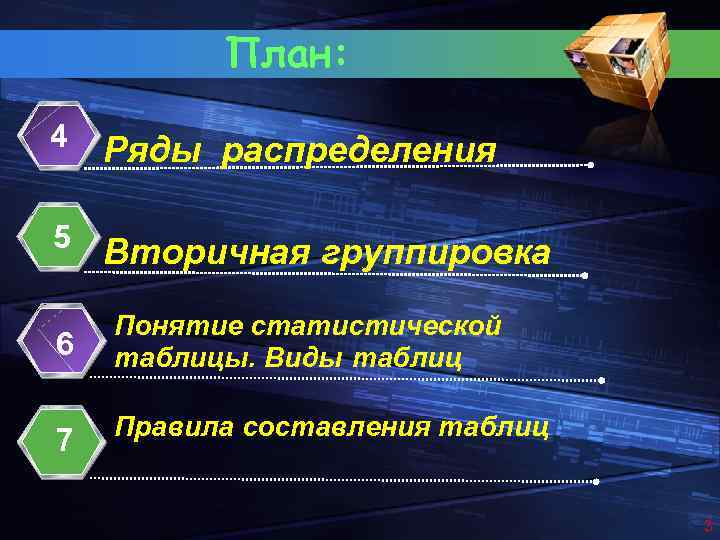 План: 4 Ряды распределения 5 Вторичная группировка 6 Понятие статистической таблицы. Виды таблиц 7