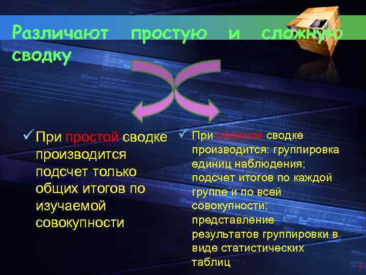 Различают сводку простую и сложную ü При простой сводке ü При сложной сводке производится
