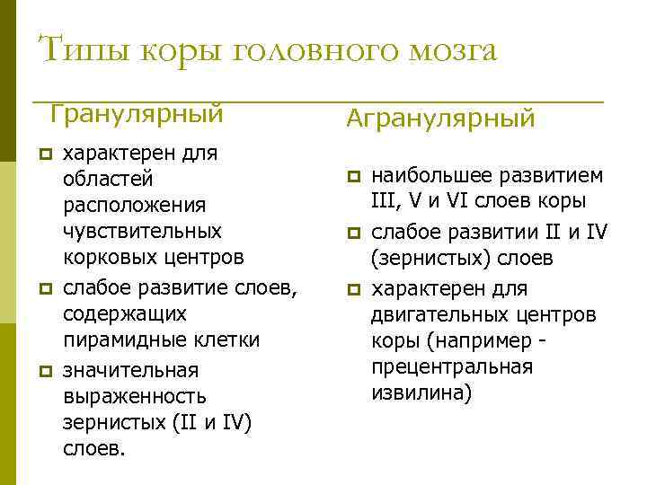 Типы коры головного мозга Гранулярный p p p характерен для областей расположения чувствительных корковых