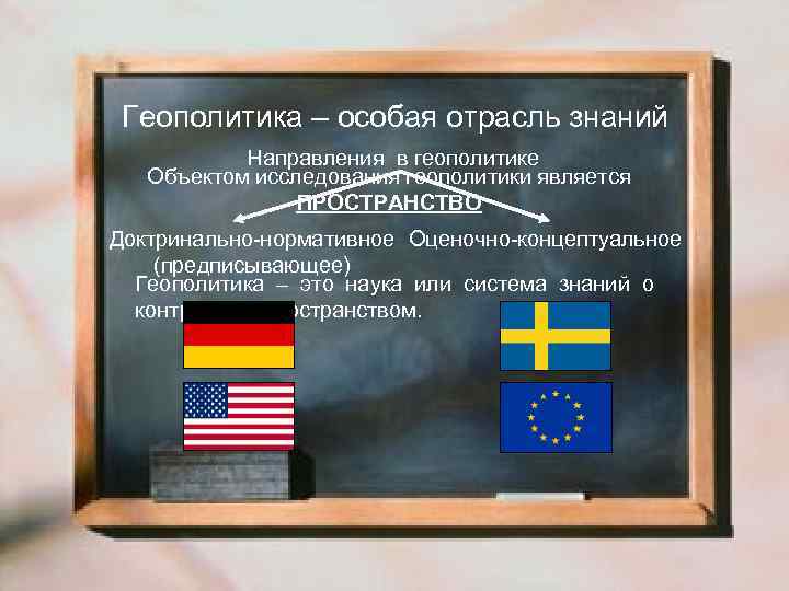Геополитика – особая отрасль знаний Направления в геополитике Объектом исследования геополитики является ПРОСТРАНСТВО Доктринально-нормативное