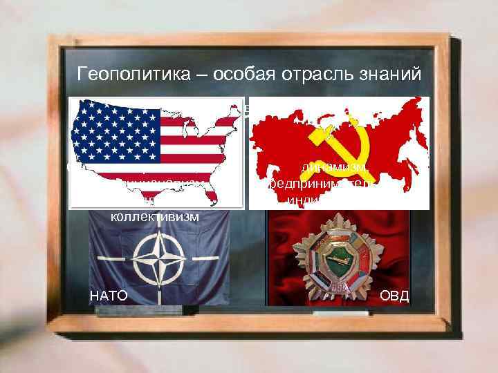 Геополитика – особая отрасль знаний Типы цивилизации морской (талассократический) консерватизм, традиционализм, оседлость, коллективизм НАТО