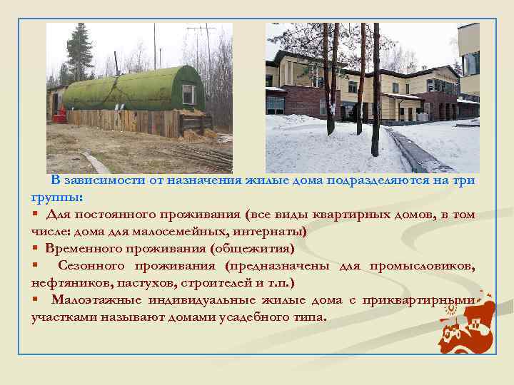 В зависимости от назначения жилые дома подразделяются на три группы: § Для постоянного проживания