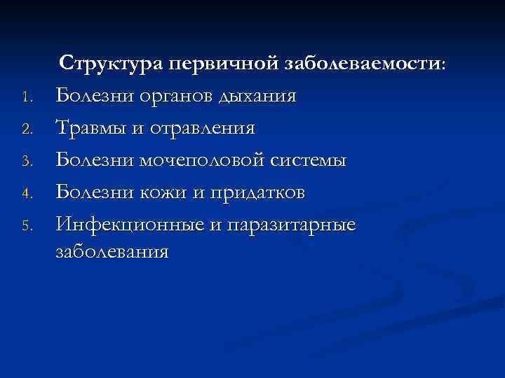 1. 2. 3. 4. 5. Структура первичной заболеваемости: Болезни органов дыхания Травмы и отравления