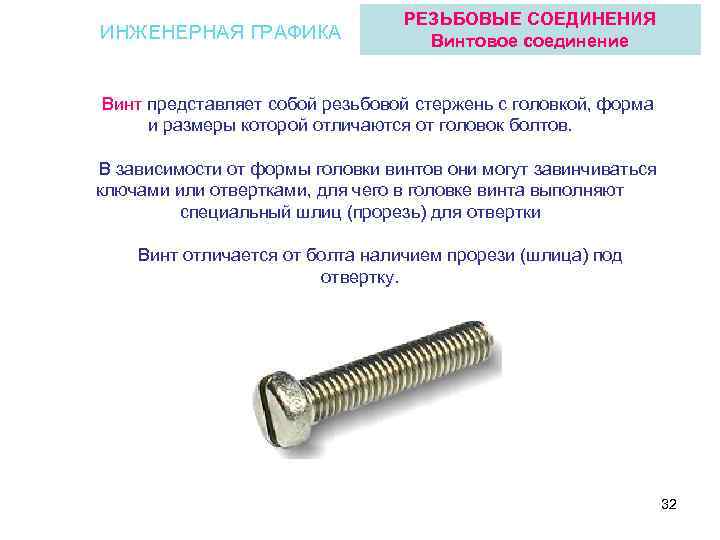 ИНЖЕНЕРНАЯ ГРАФИКА РЕЗЬБОВЫЕ СОЕДИНЕНИЯ Винтовое соединение Винт представляет собой резьбовой стержень с головкой, форма