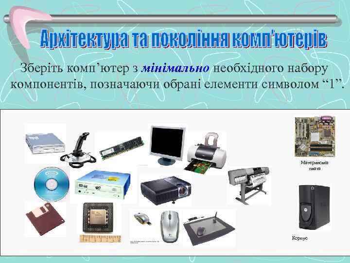  Зберіть комп’ютер з мінімально необхідного набору компонентів, позначаючи обрані елементи символом “ 1”.