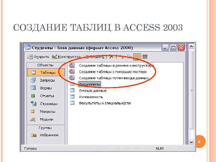 СОЗДАНИЕ ТАБЛИЦ В ACCESS 2003 6 