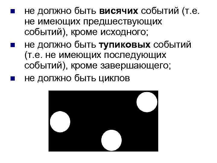 n n n не должно быть висячих событий (т. е. не имеющих предшествующих событий),