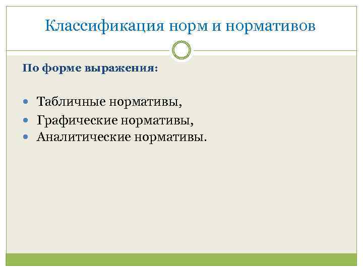 Классификация норм и нормативов По форме выражения: Табличные нормативы, Графические нормативы, Аналитические нормативы. 