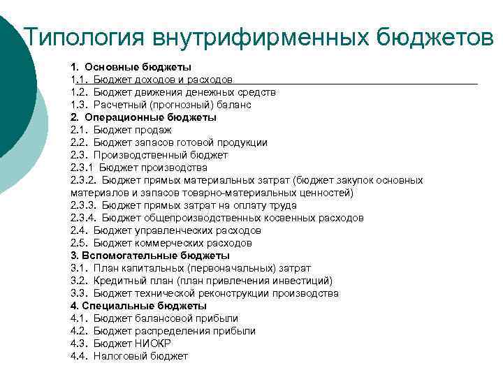 Типология внутрифирменных бюджетов 1. Основные бюджеты 1. 1. Бюджет доходов и расходов 1. 2.