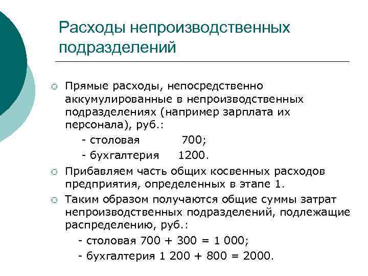 Расходы непроизводственных подразделений Прямые расходы, непосредственно аккумулированные в непроизводственных подразделениях (например зарплата их персонала),