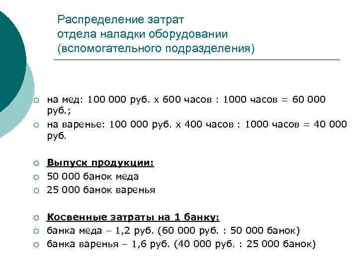 Распределение затрат отдела наладки оборудовании (вспомогательного подразделения) ¡ ¡ ¡ ¡ на мед: 100