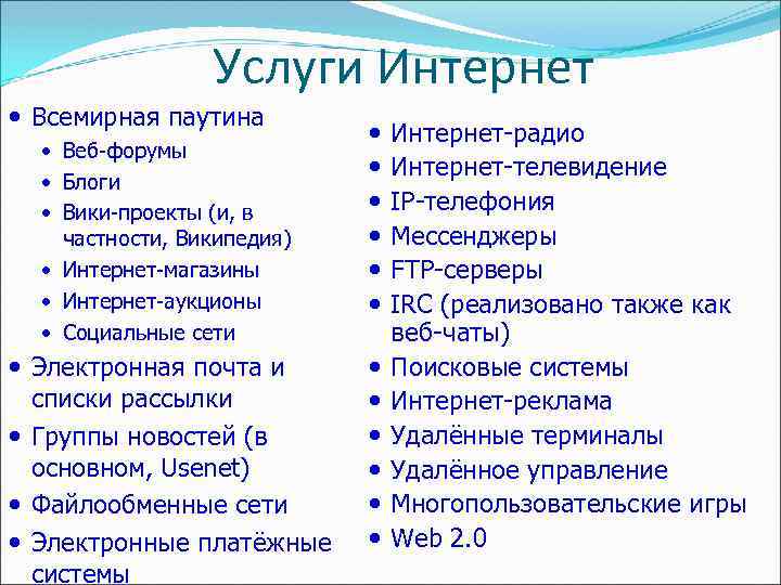 Услуги Интернет Всемирная паутина Веб-форумы Блоги Вики-проекты (и, в частности, Википедия) Интернет-магазины Интернет-аукционы Социальные