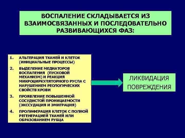 ВОСПАЛЕНИЕ СКЛАДЫВАЕТСЯ ИЗ ВЗАИМОСВЯЗАННЫХ И ПОСЛЕДОВАТЕЛЬНО РАЗВИВАЮЩИХСЯ ФАЗ: 1. АЛЬТЕРАЦИЯ ТКАНЕЙ И КЛЕТОК (ИНИЦИАЛЬНЫЕ