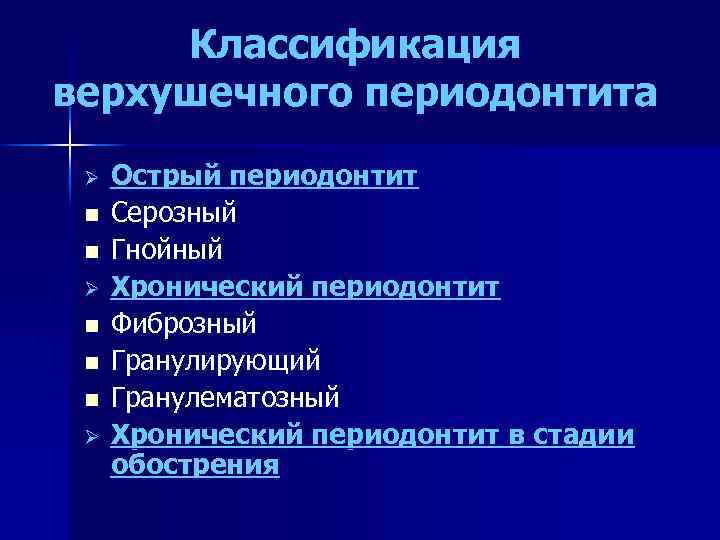 Классификация верхушечного периодонтита Ø n n n Ø Острый периодонтит Серозный Гнойный Хронический периодонтит