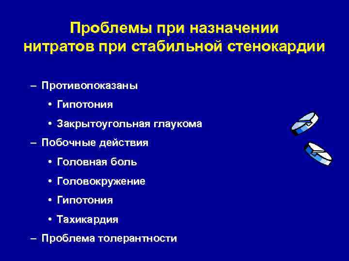 Проблемы при назначении нитратов при стабильной стенокардии – Противопоказаны • Гипотония • Закрытоугольная глаукома