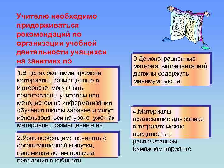 Учителю необходимо придерживаться рекомендаций по организации учебной деятельности учащихся на занятиях по информатике: времени