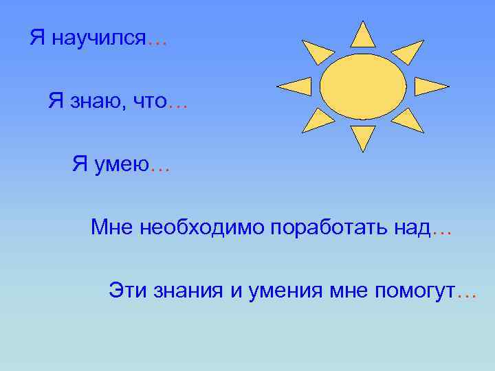 Я научился… Я знаю, что… Я умею… Мне необходимо поработать над… Эти знания и