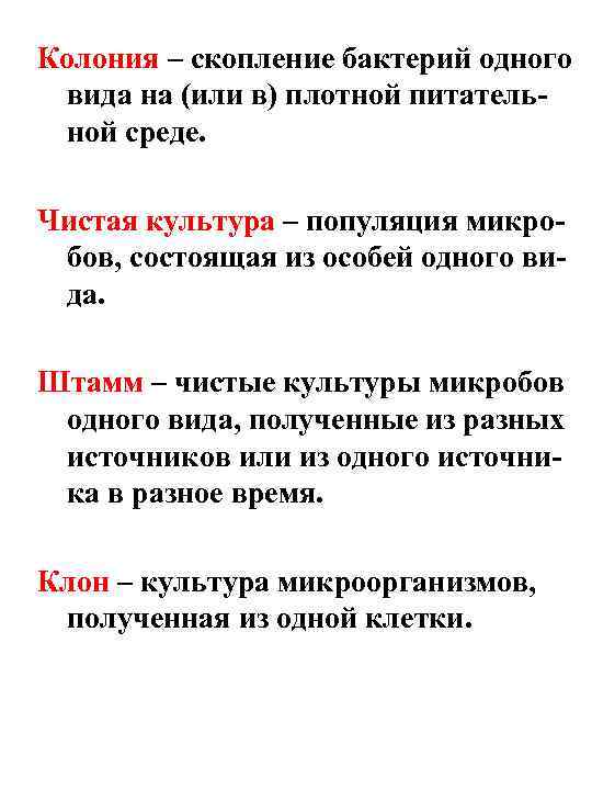 Колония – скопление бактерий одного вида на (или в) плотной питательной среде. Чистая культура