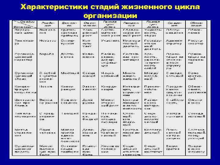 Характеристики стадий жизненного цикла организации 11 