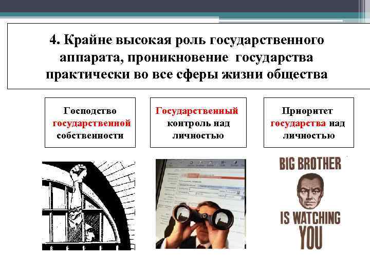 4. Крайне высокая роль государственного аппарата, проникновение государства практически во все сферы жизни общества