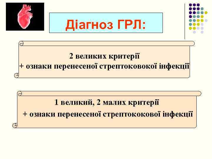 Діагноз ГРЛ: 2 великих критерії + ознаки перенесеної стрептоковокої інфекції 1 великий, 2 малих
