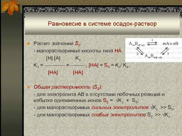 Равновесие в системе осадок-раствор n Расчет значений S 0: - малорастворимые кислоты типа НА