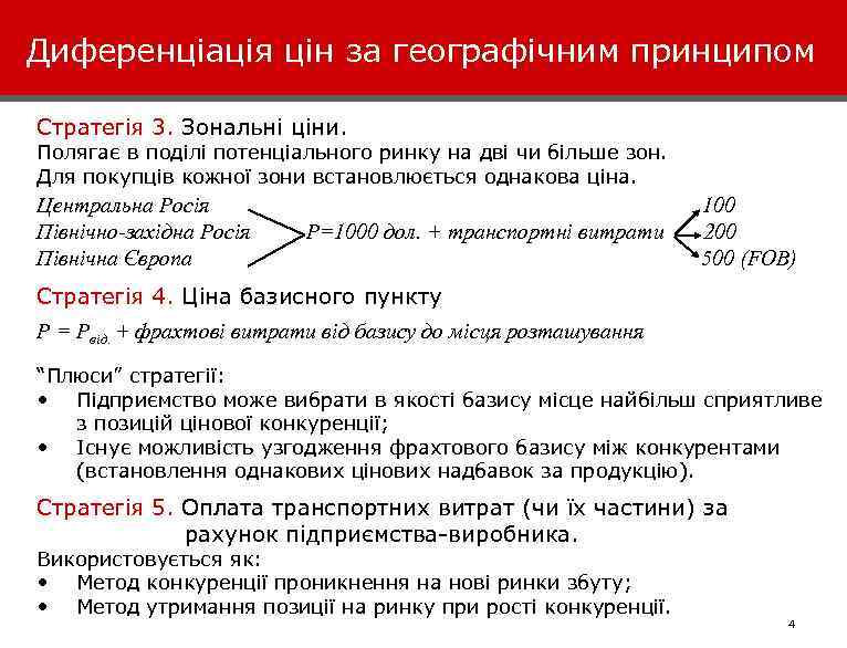 Диференціація цін за географічним принципом Стратегія 3. Зональні ціни. Полягає в поділі потенціального ринку