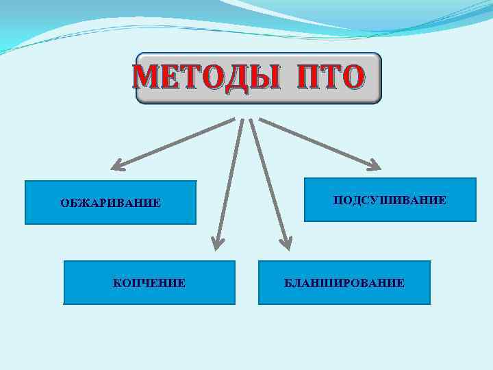 МЕТОДЫ ПТО ОБЖАРИВАНИЕ КОПЧЕНИЕ ПОДСУШИВАНИЕ БЛАНШИРОВАНИЕ 
