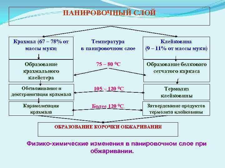 ПАНИРОВОЧНЫЙ СЛОЙ Крахмал (67 – 78% от массы муки) Температура в панировочном слое Клейковина
