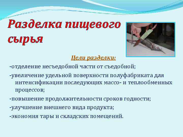 Разделка пищевого сырья Цели разделки: -отделение несъедобной части от съедобной; -увеличение удельной поверхности полуфабриката