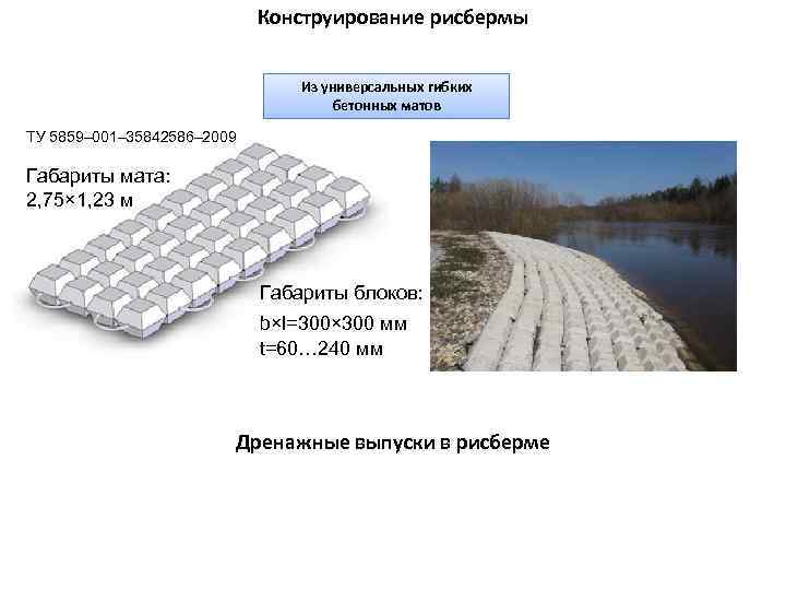 Конструирование рисбермы Из универсальных гибких бетонных матов ТУ 5859– 001– 35842586– 2009 Габариты мата: