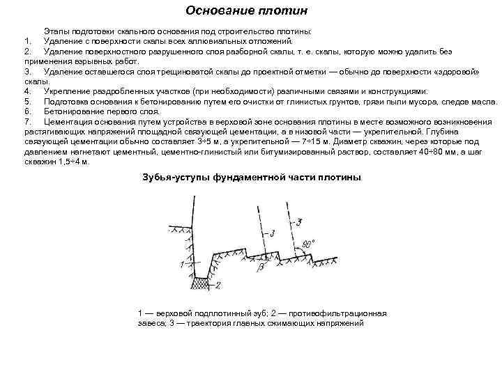 Основание плотин Этапы подготовки скального основания под строительство плотины: 1. Удаление с поверхности скалы