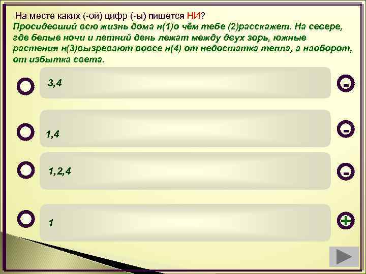 На месте каких (-ой) цифр (-ы) пишется НИ? Просидевший всю жизнь дома н(1)о чём