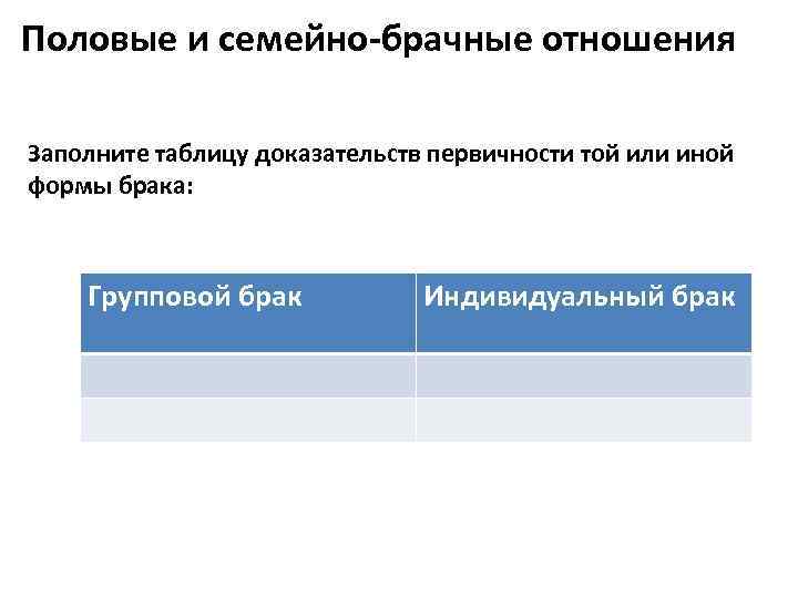 Половые и семейно-брачные отношения Заполните таблицу доказательств первичности той или иной формы брака: Групповой