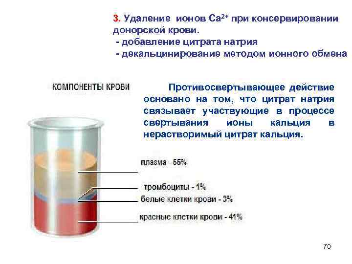 3. Удаление ионов Са 2+ при консервировании донорской крови. - добавление цитрата натрия -