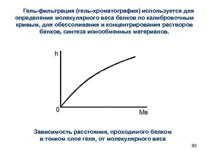 Гель-фильтрация (гель-хроматография) используется для определения молекулярного веса белков по калибровочным кривым, для обессоливания и