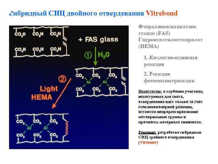 гибридный СИЦ двойного отвердевания Vitrebond Фторалюмосиликатное стекло (FAS) Гидроксиэтилметакрилат (HEMA) 1. Кислотно-основная реакция 2.