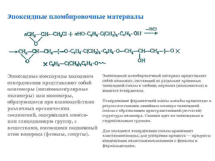 эпоксидные пломбировочные материалы Эпоксидные компаунды холодного отвердевания представляют собой олигомеры (низкомолекулярные полимеры) или мономеры,