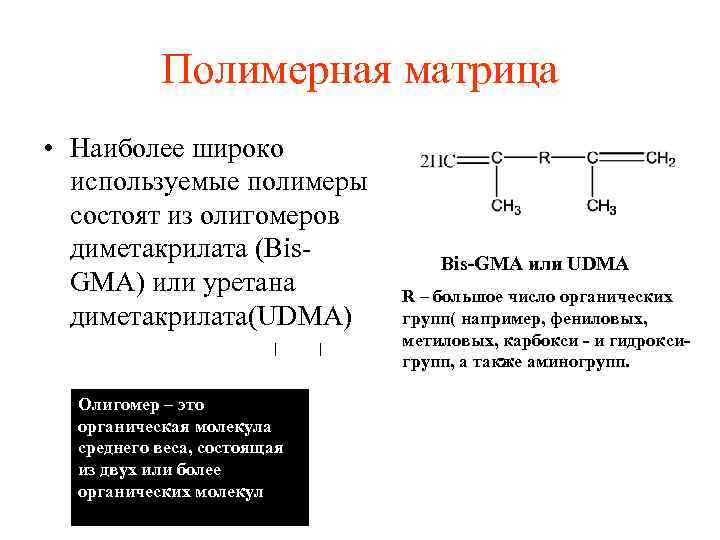 Полимерная матрица • Наиболее широко используемые полимеры состоят из олигомеров диметакрилата (Bis GMA) или