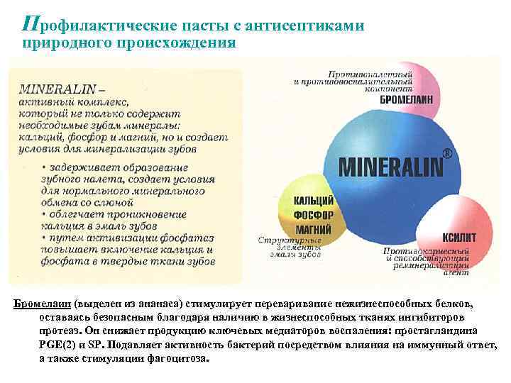 Профилактические пасты с антисептиками природного происхождения Бромелаин (выделен из ананаса) стимулирует переваривание нежизнеспособных белков,