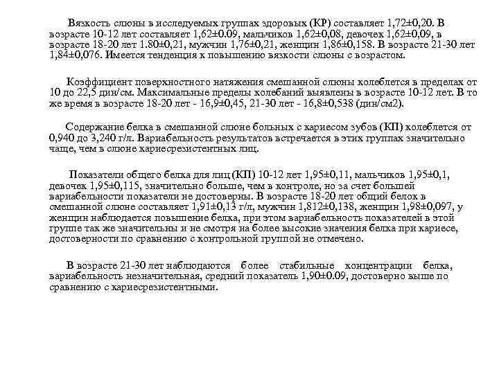  Вязкость слюны в исследуемых группах здоровых (КР) составляет 1, 72± 0, 20. В
