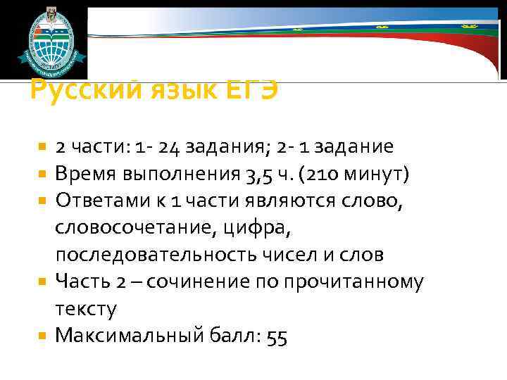 Русский язык ЕГЭ 2 части: 1 - 24 задания; 2 - 1 задание Время