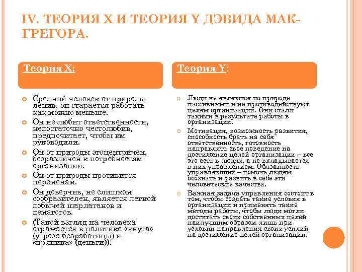 IV. ТЕОРИЯ Х И ТЕОРИЯ Y ДЭВИДА МАКГРЕГОРА. Теория Х: Средний человек от природы