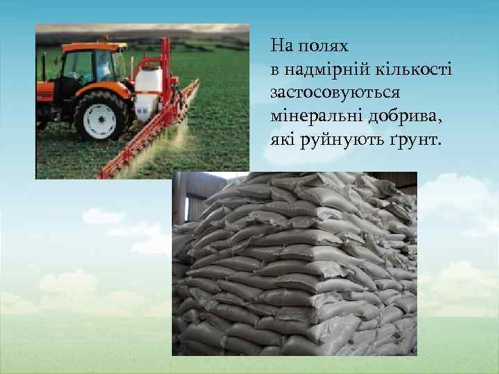 На полях в надмірній кількості застосовуються мінеральні добрива, які руйнують ґрунт. 