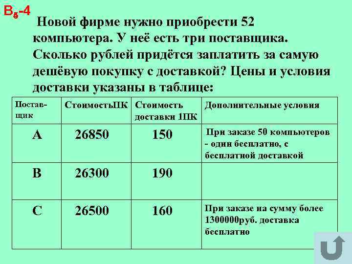 В 5 -4 4 Новой фирме нужно приобрести 52 компьютера. У неё есть три