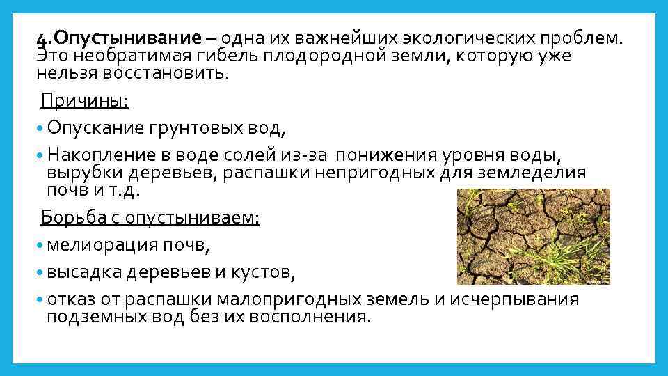 4. Опустынивание – одна их важнейших экологических проблем. Это необратимая гибель плодородной земли, которую