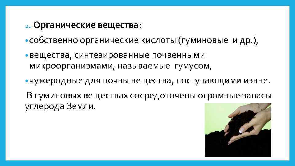 2. Органические вещества: • собственно органические кислоты (гуминовые и др. ), • вещества, синтезированные