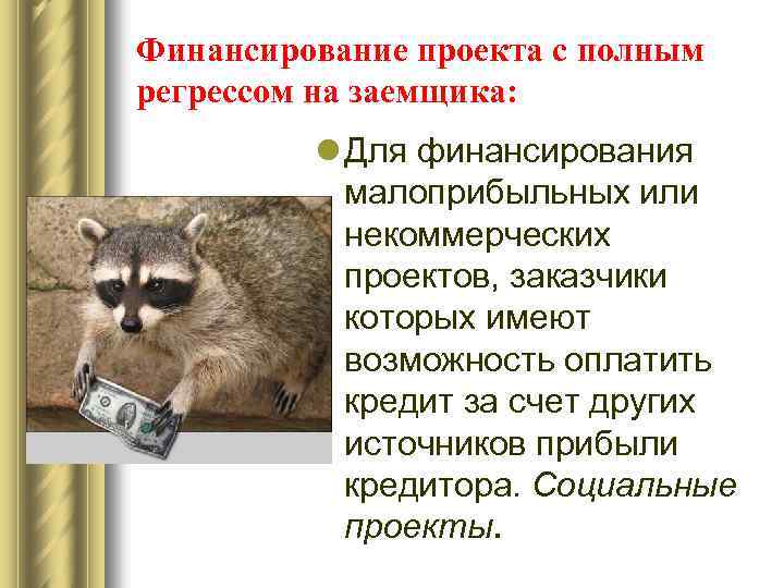 Финансирование проекта с полным регрессом на заемщика: l Для финансирования малоприбыльных или некоммерческих проектов,