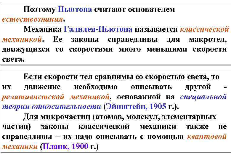 Поэтому Ньютона считают основателем естествознания. Механика Галилея-Ньютона называется классической механикой. Ее законы справедливы для
