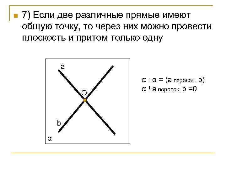 n 7) Если две различные прямые имеют общую точку, то через них можно провести